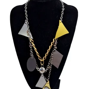 srebrno zlata glamour ogrlica z liki in swarovski kristali Tina Design